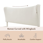 Left facing close up of a modern white boucle upholstered queen bed that highlights its headboard features