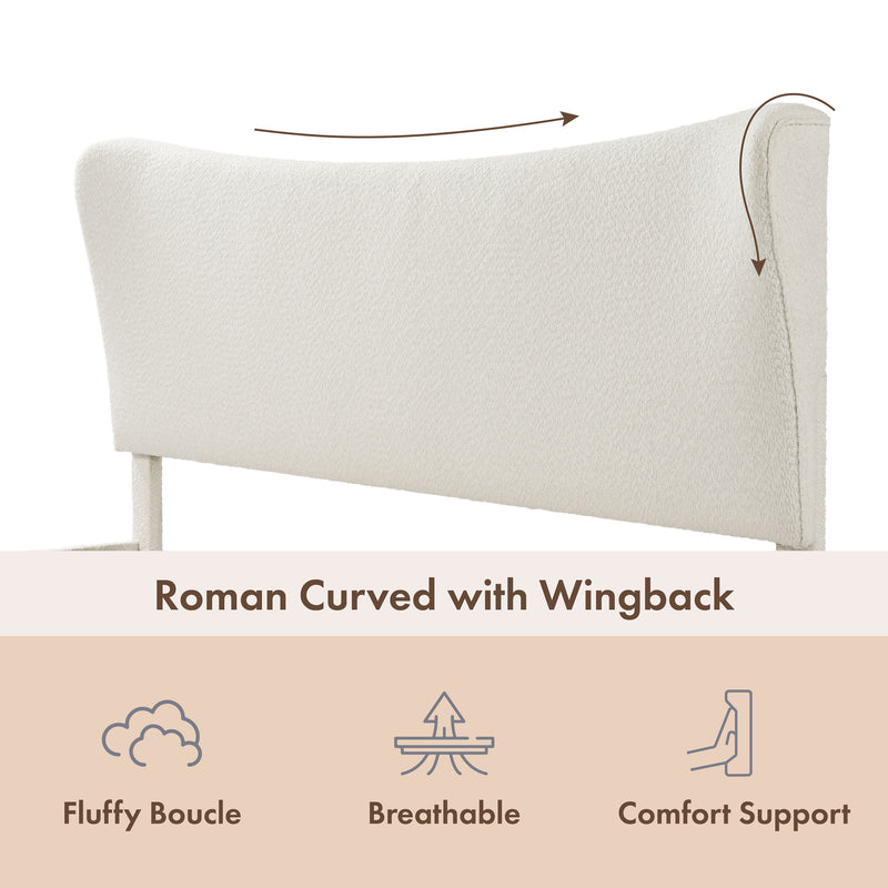 Left facing close up of a modern white boucle upholstered queen bed that highlights its headboard features