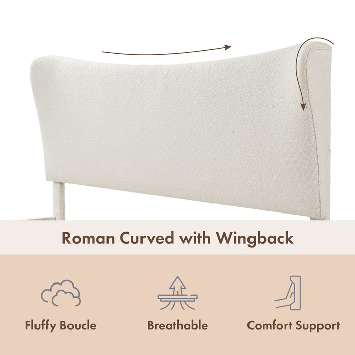 Left facing close up of a modern white boucle upholstered queen bed that highlights its headboard features