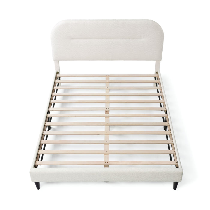Front facing high-camera view of a modern white boucle upholstered queen bed on a white background