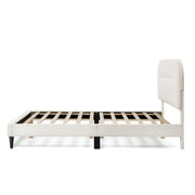 Front facing side view of a modern white boucle upholstered queen bed on a white background
