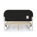 Front facing back view of a modern white boucle upholstered queen bed on a white background