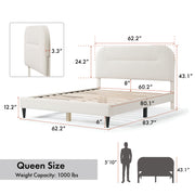 Left facing modern white boucle upholstered queen bed on a white background with dimensions overlaid and three additional info panels