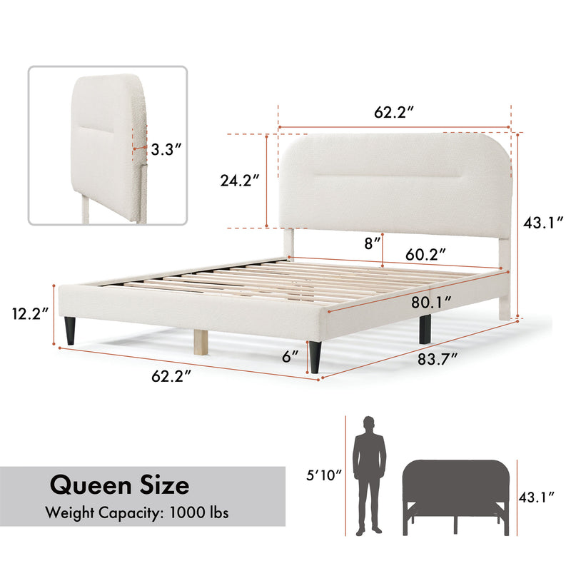 Left facing modern white boucle upholstered queen bed on a white background with dimensions overlaid and three additional info panels