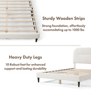 A two-panel composite image of a modern white boucle upholstered queen bed that highlights its sturdy wooden strips and heavy duty legs