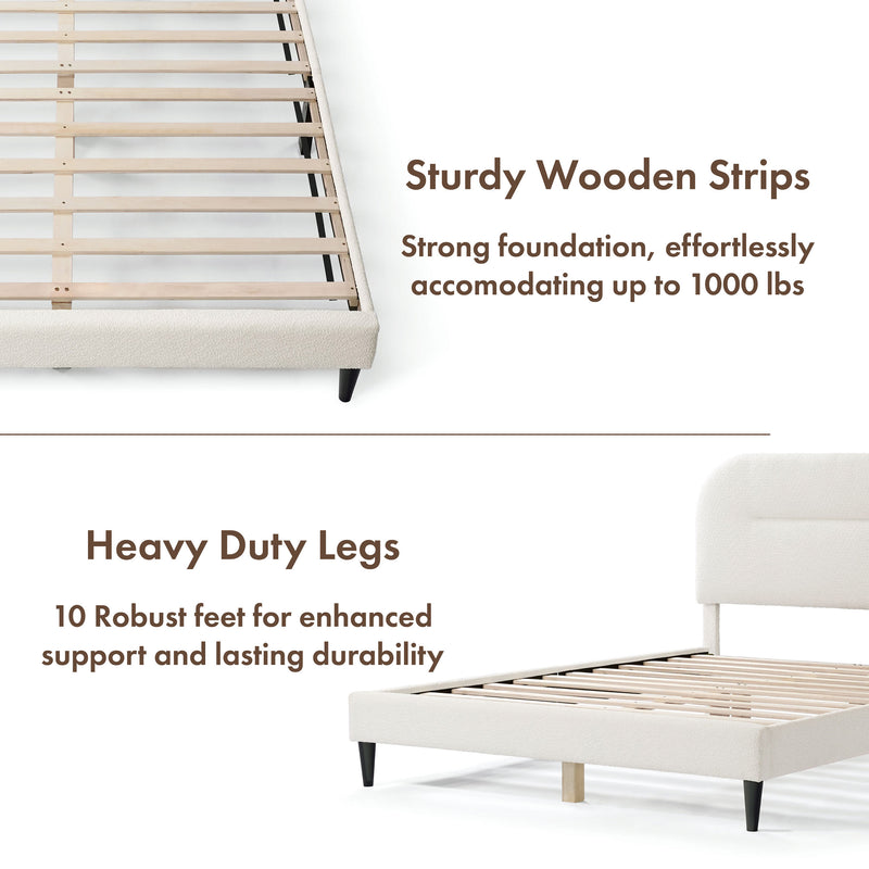 A two-panel composite image of a modern white boucle upholstered queen bed that highlights its sturdy wooden strips and heavy duty legs