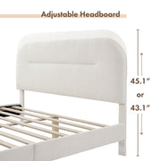 Left facing close up of a modern white boucle upholstered queen bed that highlights its adjustable height headboard