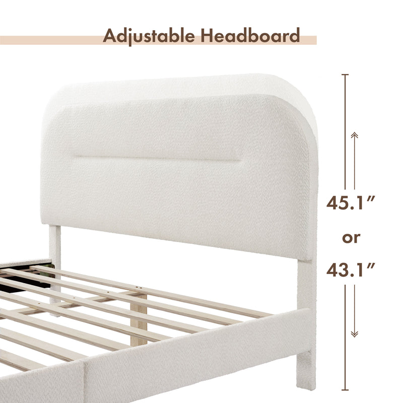 Left facing close up of a modern white boucle upholstered queen bed that highlights its adjustable height headboard