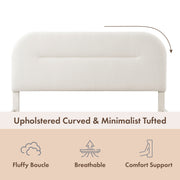 Front facing close up of a modern white boucle upholstered queen bed that highlights its headboard features