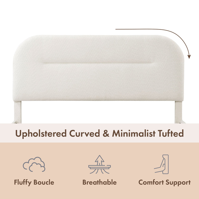 Front facing close up of a modern white boucle upholstered queen bed that highlights its headboard features