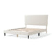 Left facing modern white boucle upholstered queen bed on a white background