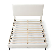 Front facing high-camera view of a modern white boucle upholstered queen bed on a white background