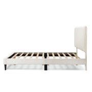 Front facing side view of a modern white boucle upholstered queen bed on a white background