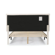 Front facing back view of a modern white boucle upholstered queen bed on a white background