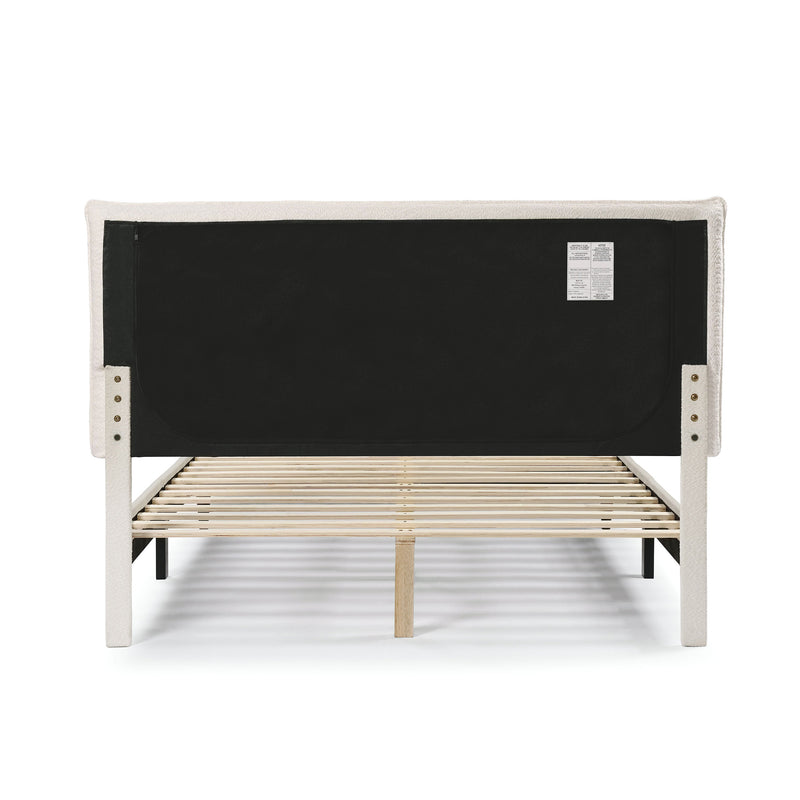 Front facing back view of a modern white boucle upholstered queen bed on a white background