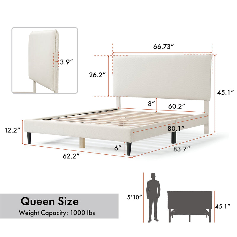 Left facing modern white boucle upholstered queen bed on a white background with dimensions overlaid and three additional info panels