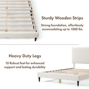 A two-panel composite image of a modern white boucle upholstered queen bed that highlights its sturdy wooden strips and heavy duty legs