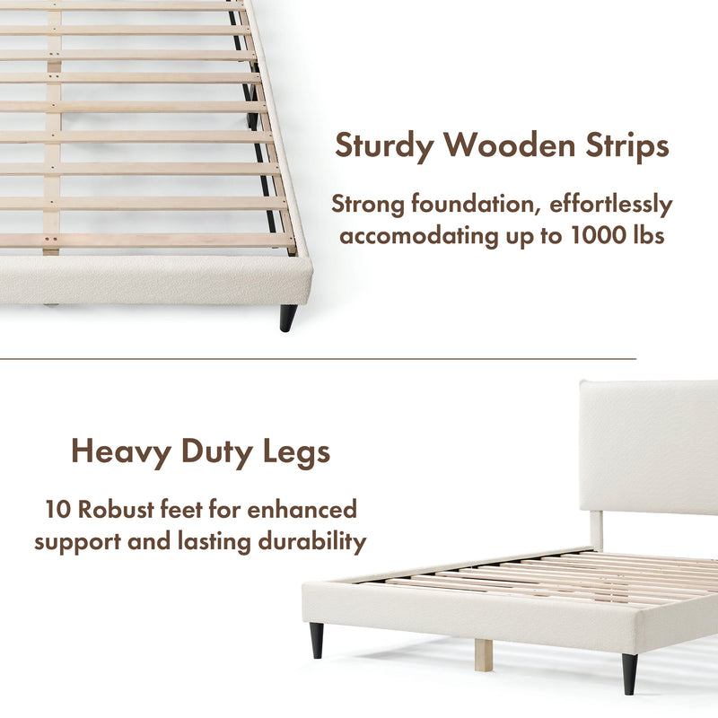 A two-panel composite image of a modern white boucle upholstered queen bed that highlights its sturdy wooden strips and heavy duty legs