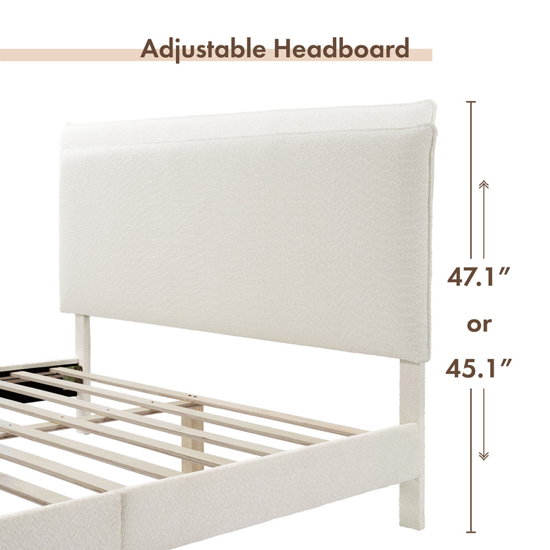 Left facing close up of a modern white boucle upholstered queen bed that highlights its adjustable height headboard