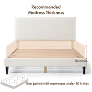 Front facing modern white boucle upholstered queen bed on a white background that highlights its recommended mattress thickness