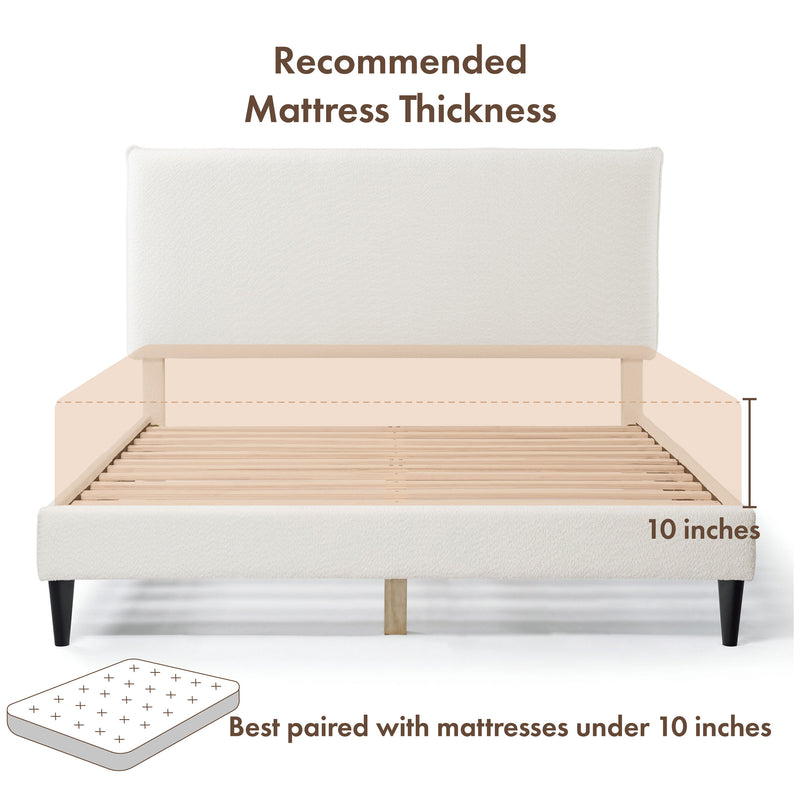 Front facing modern white boucle upholstered queen bed on a white background that highlights its recommended mattress thickness
