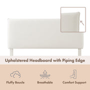 Front facing close up of a modern white boucle upholstered queen bed that highlights its headboard features