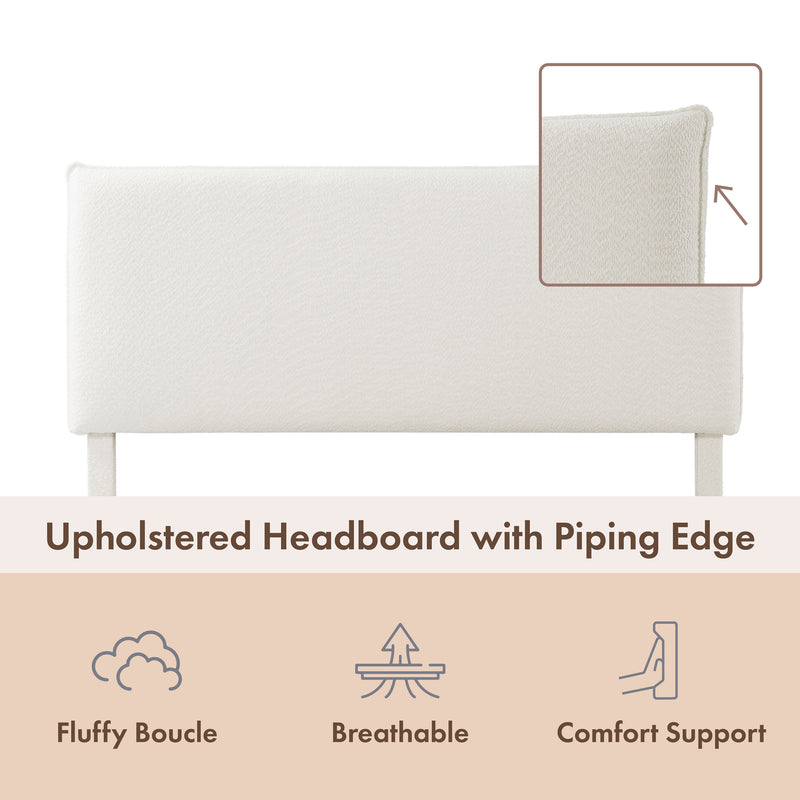 Front facing close up of a modern white boucle upholstered queen bed that highlights its headboard features