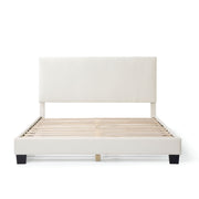 Front facing modern white boucle upholstered queen bed on a white background