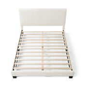 Front facing high-camera view of a modern white boucle upholstered queen bed on a white background