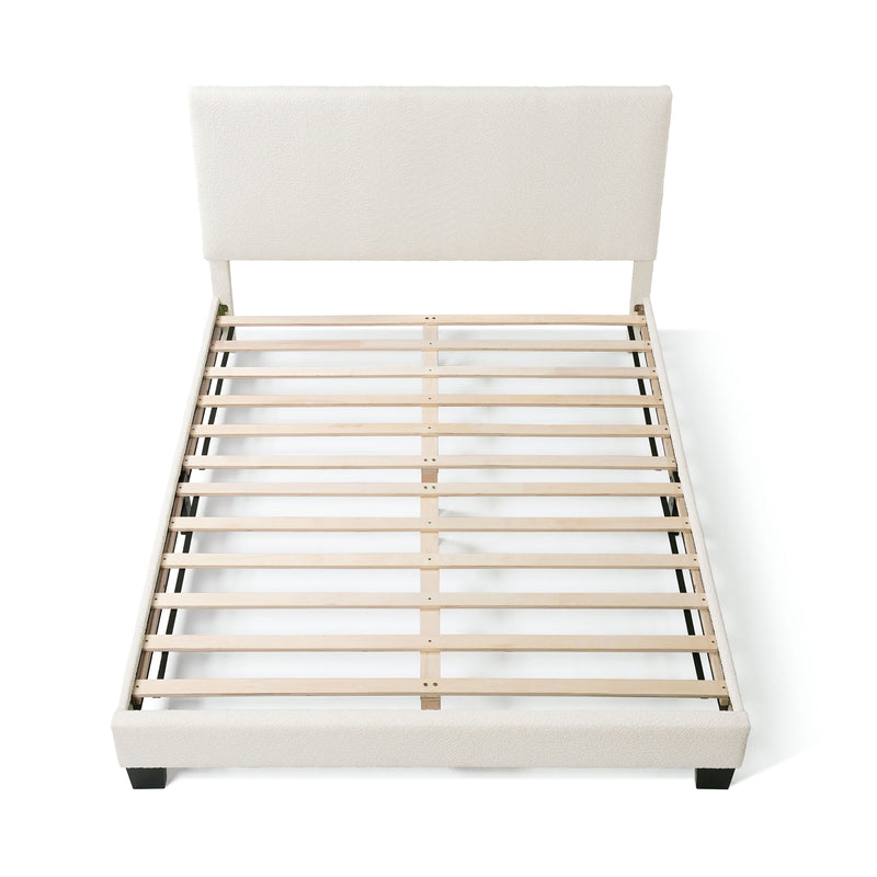 Front facing high-camera view of a modern white boucle upholstered queen bed on a white background