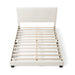 Front facing high-camera view of a modern white boucle upholstered queen bed on a white background