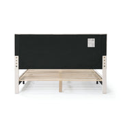 Front facing back view of a modern white boucle upholstered queen bed on a white background