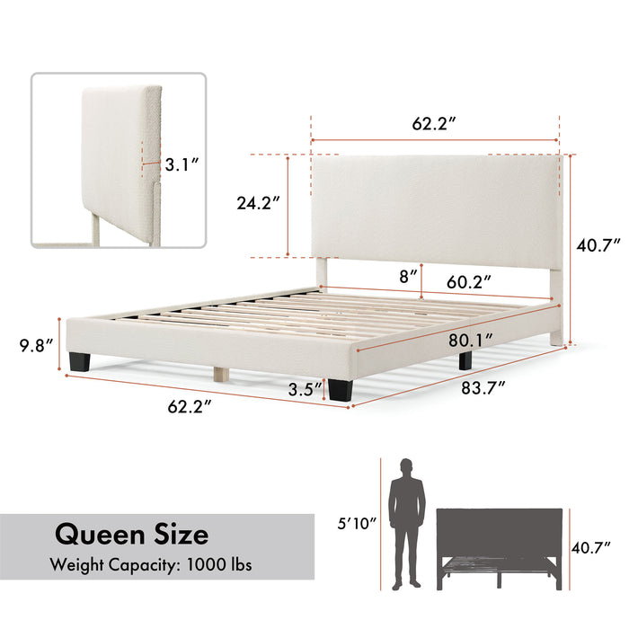 Left facing modern white boucle upholstered queen bed on a white background with dimensions overlaid and three additional info panels