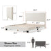 Left facing modern white boucle upholstered queen bed on a white background with dimensions overlaid and three additional info panels