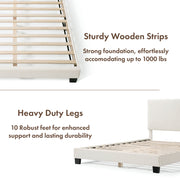 A two-panel composite image of a modern white boucle upholstered queen bed that highlights its sturdy wooden strips and heavy duty legs