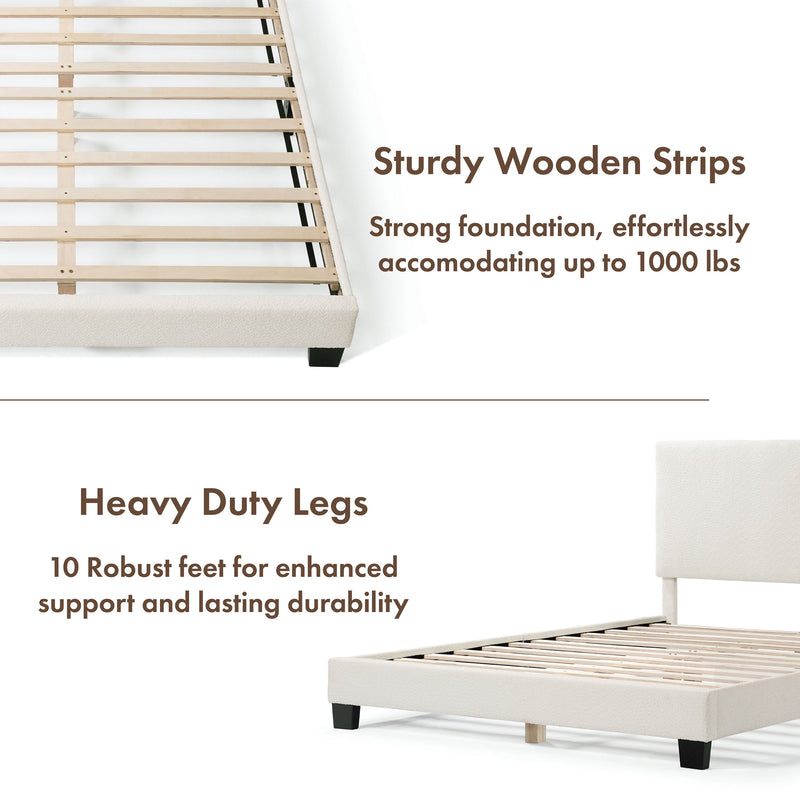 A two-panel composite image of a modern white boucle upholstered queen bed that highlights its sturdy wooden strips and heavy duty legs