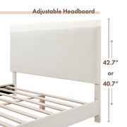 Left facing close up of a modern white boucle upholstered queen bed that highlights its adjustable height headboard