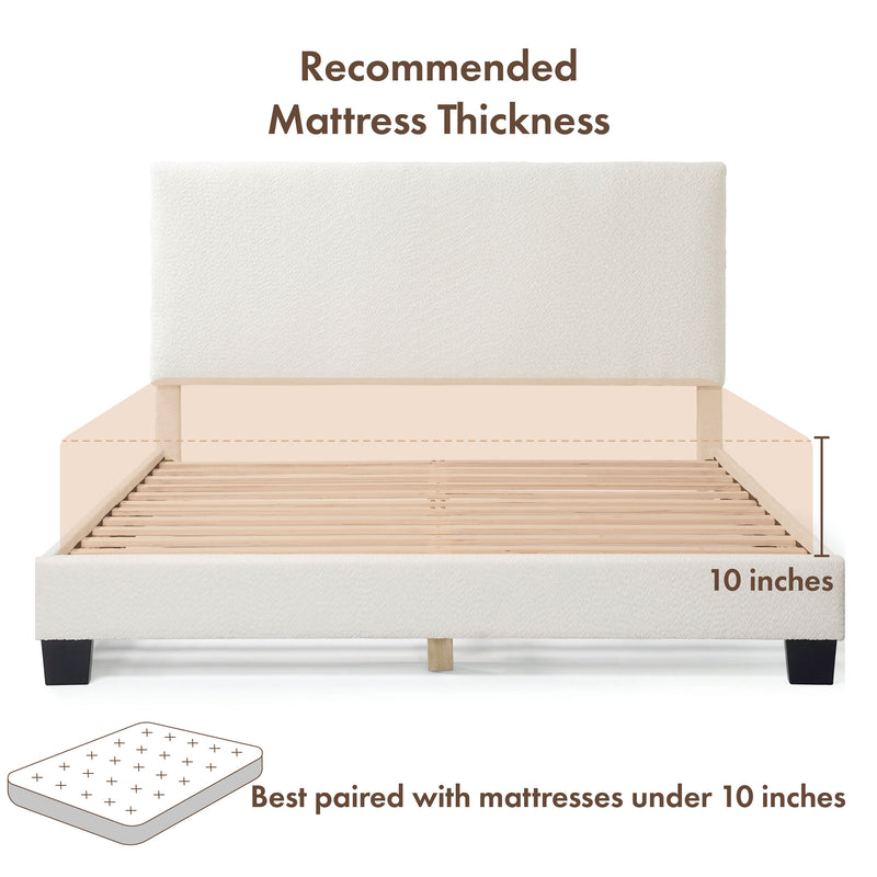 Front facing modern white boucle upholstered queen bed on a white background that highlights its recommended mattress thickness