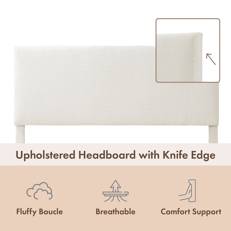 Front facing close up of a modern white boucle upholstered queen bed that highlights its headboard features