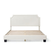 Front facing modern white boucle upholstered queen bed on a white background