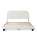 Front facing modern white boucle upholstered queen bed on a white background