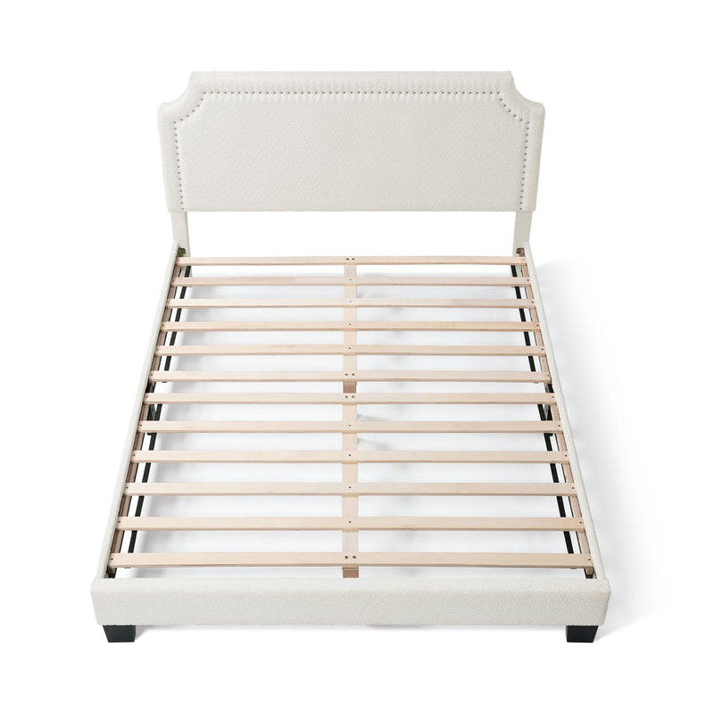 Front facing high-camera view of a modern white boucle upholstered queen bed on a white background