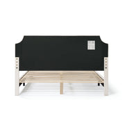 Front facing back view of a modern white boucle upholstered queen bed on a white background