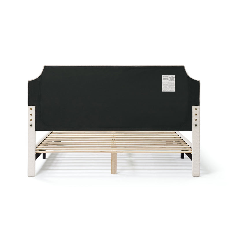 Front facing back view of a modern white boucle upholstered queen bed on a white background