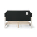 Front facing back view of a modern white boucle upholstered queen bed on a white background