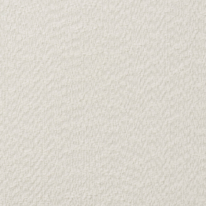 Close up swatch of the white boucle upholstery featured on a modern white boucle upholstered queen bed
