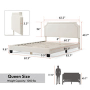 Left facing modern white boucle upholstered queen bed on a white background with dimensions overlaid and three additional info panels