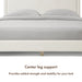 Front facing close up of a modern white boucle upholstered queen bed that highlights its center leg support