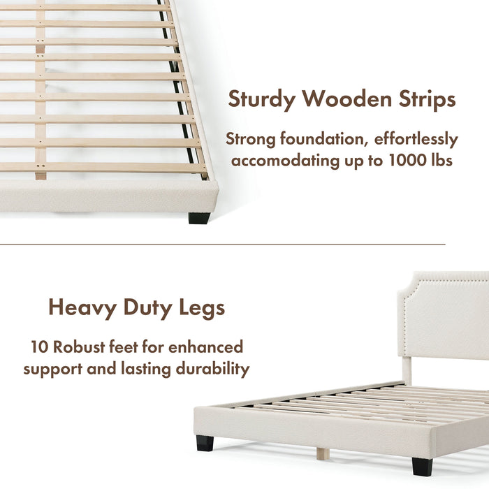 A two-panel composite image of a modern white boucle upholstered queen bed that highlights its sturdy wooden strips and heavy duty legs