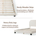 A two-panel composite image of a modern white boucle upholstered queen bed that highlights its sturdy wooden strips and heavy duty legs